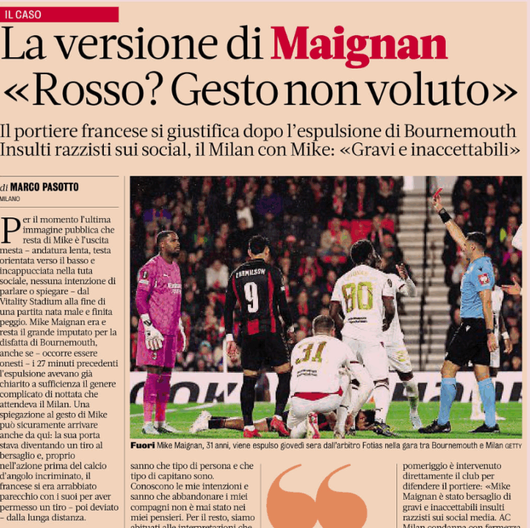 Gazzetta: Maignan’s version: “Red card? My action was not intentional”