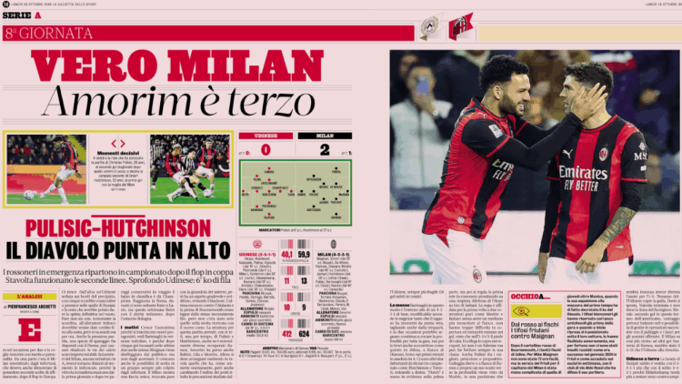 Gazzetta: Udinese 0 Milan 2 | Pulisic and Hutchinson place Amorim’s side in third place