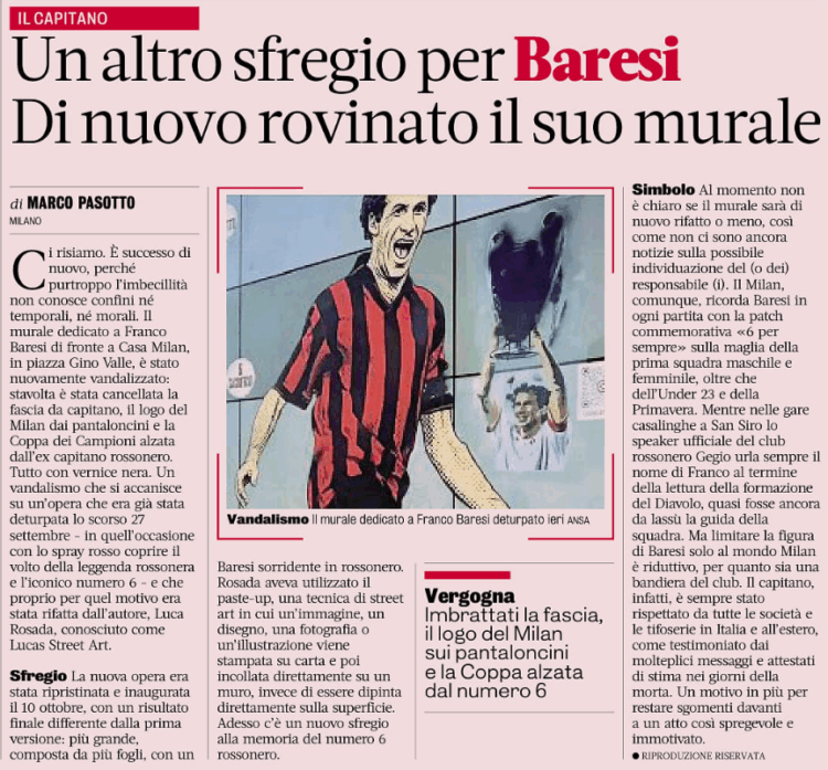 Gazzetta: Another act of desecration against Baresi as his mural is damaged once more
