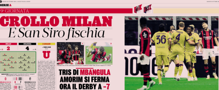Gazzetta: Milan 2 Bologna 4 | Mbangula’s hat-trick stuns Amorim’s side