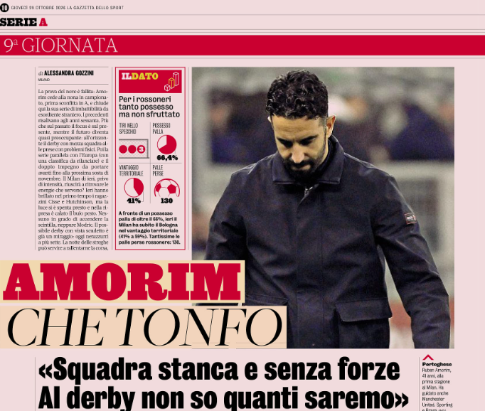 Gazzetta: Amorim stunned after Milan collapse: “The team was tired and lacked strength”